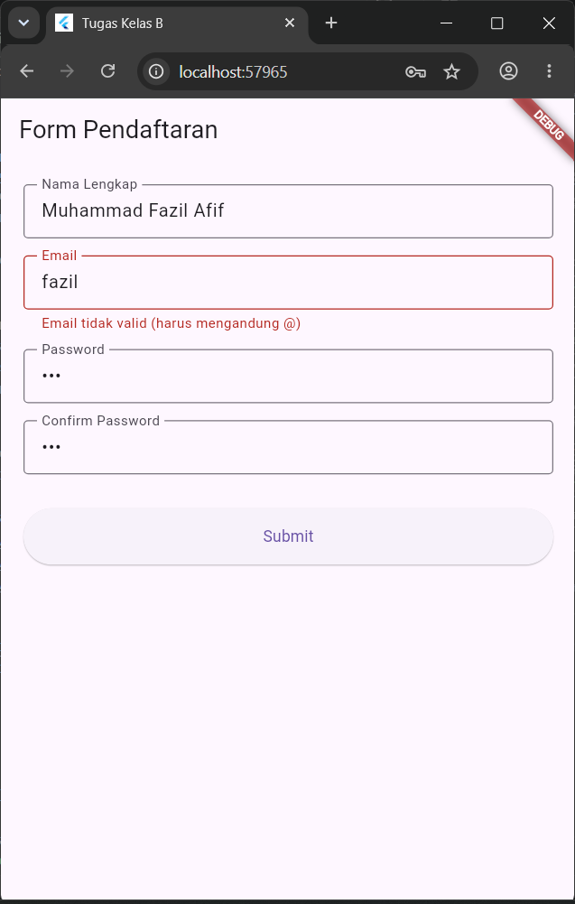 Screenshot Tugas validasi email
